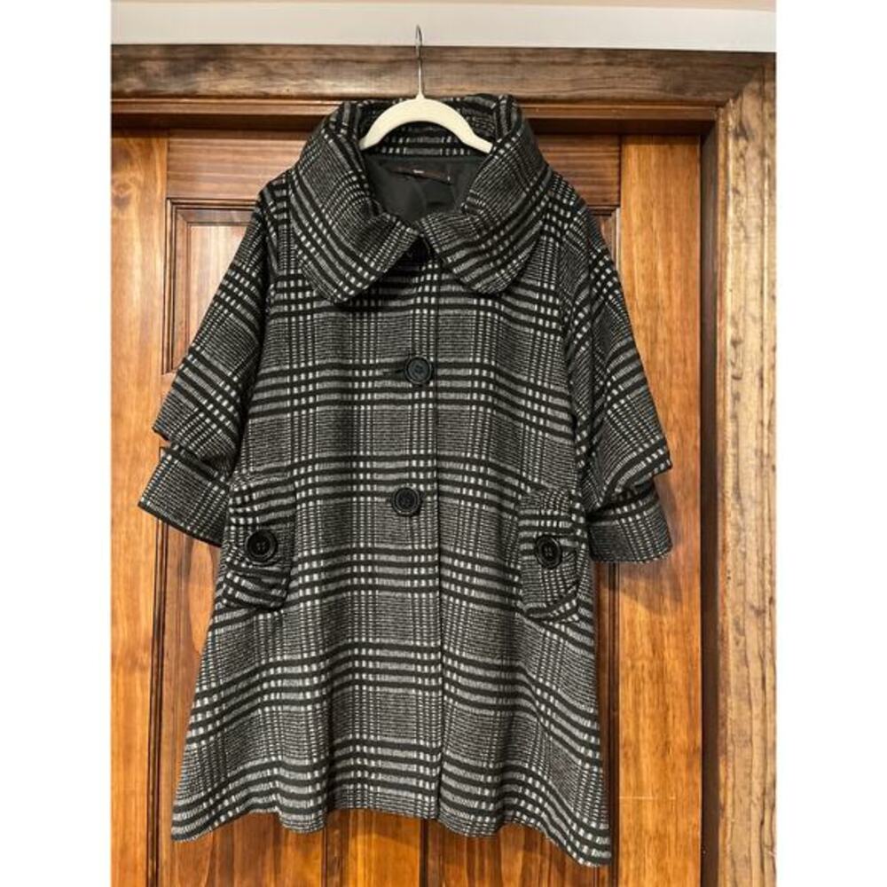 Anthropologie Hazel black & gray plaid swing coat 3/4 sleeve Small